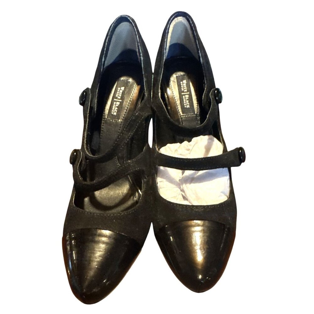 White House Black Market Mary Jane Style Heels 7M Black Suede Patent Leather